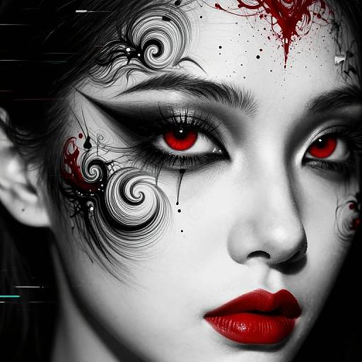 Digital art of a pale-skinned woman with red eyes, black and white swirls on her face, red lipstick, and blood splatter.
