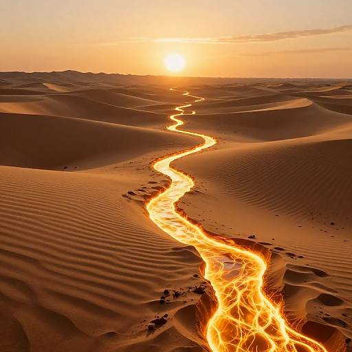 Photograph of a glowing, winding river of molten lava flowing through undulating, sunlit desert sand dunes at sunset.