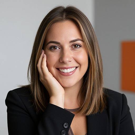 Photograph of a smiling young woman with straight, shoulder-length brown hair, fair skin, brown eyes, wearing a black blazer, touching her cheek
