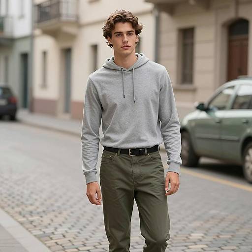 Casual Young Man Standing on Cobblestone Street