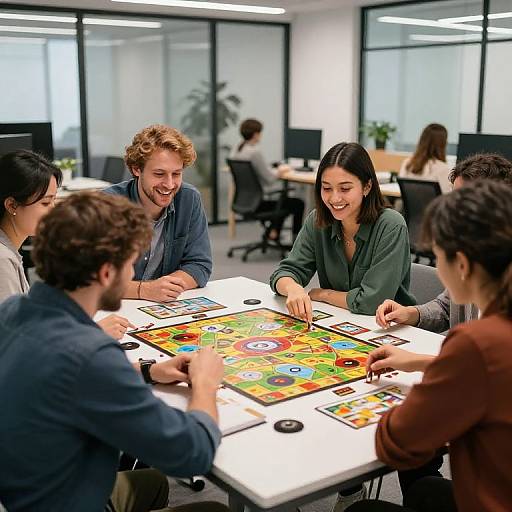 Photograph of diverse, smiling colleagues playing colorful board game in bright, modern office with large windows and potted plants.