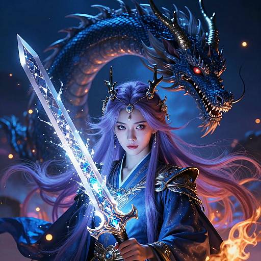 Mysterious Eastern Dragon and Warrior