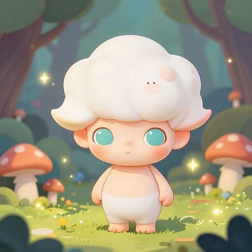 Cute digital illustration of a chibi-style, white-haired, blue-eyed, naked child-like creature standing in a magical forest with glowing mushrooms and fire