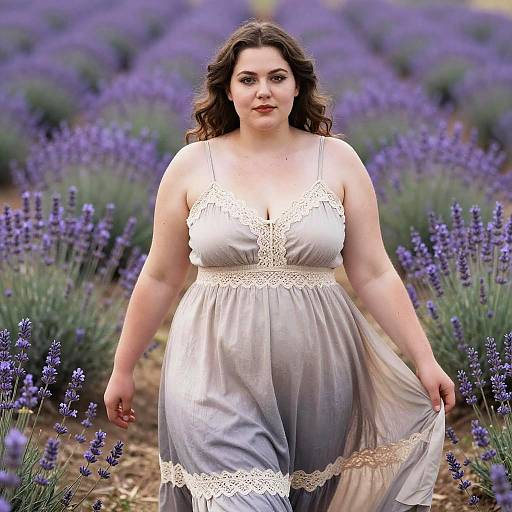 Photograph of a plus-sized woman with curly brown hair in a white lace-trimmed dress, standing in a vibrant lavender field.