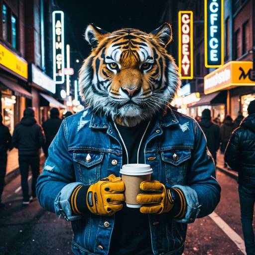 Anthropomorphic Tiger Holding Coffee in Neon City