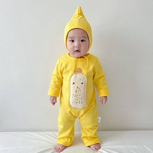 Photograph of a baby in a bright yellow onesie with a corn design, matching yellow hood, standing against a plain white background.
