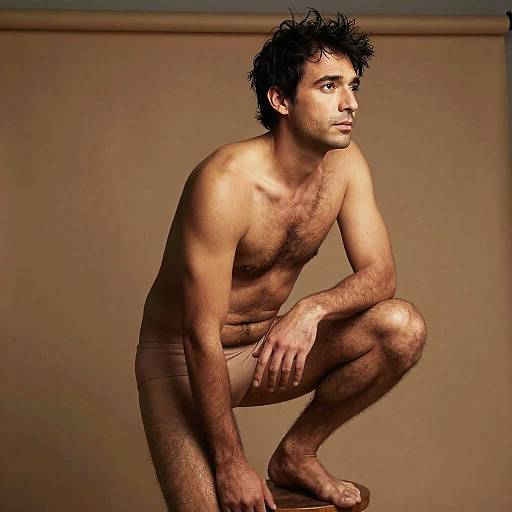 Crouching Tan-Skinned Man in Workshop