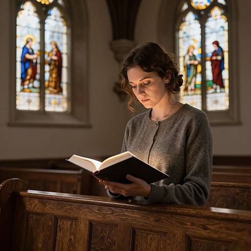 Photograph of a young woman with curly brown hair, wearing a gray sweater, reading a book in a dimly lit church with colorful stained glass windows
