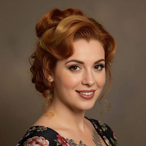 Photograph of a smiling, fair-skinned woman with red, wavy, vintage-style updo, wearing a floral-patterned dress, against a