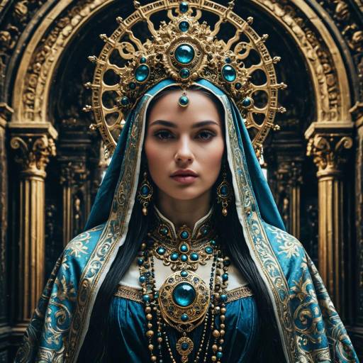 Baroque High Priestess in Ornate Blue and Gold Attire