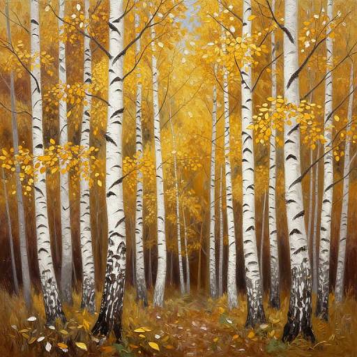 Photograph of a vibrant autumn forest with tall white birch trees, yellow-orange leaves, and black markings on the trunks. Sunlight filters through