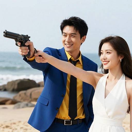 Dynamic Beach Shootout with Stylish Couple