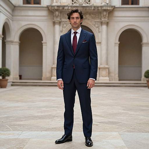 Photograph of a handsome man with curly dark hair in a dark navy suit, white shirt, and maroon tie, standing in an elegant, ar
