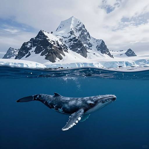 Photograph of a large, gray-blue humpback whale swimming underwater in front of a snowy, mountainous Arctic landscape with jagged peaks and a