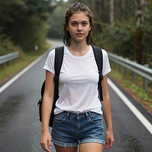 Photograph of a young woman with wet brown hair, wearing a white t-shirt, denim shorts, black backpack, walking on a wet, forested