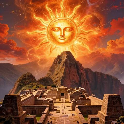 Photorealistic digital art of a mystical Mayan temple under a radiant, fiery sun with a human-like face, set against dramatic mountains and a vibrant