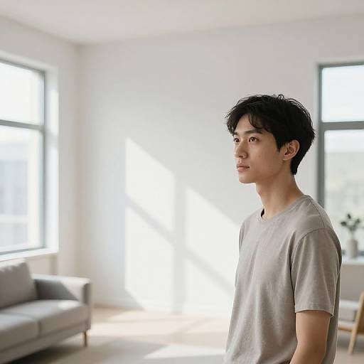 Photograph of an Asian man with short black hair, wearing a light gray t-shirt, standing in a bright, minimalist, sunlit room.