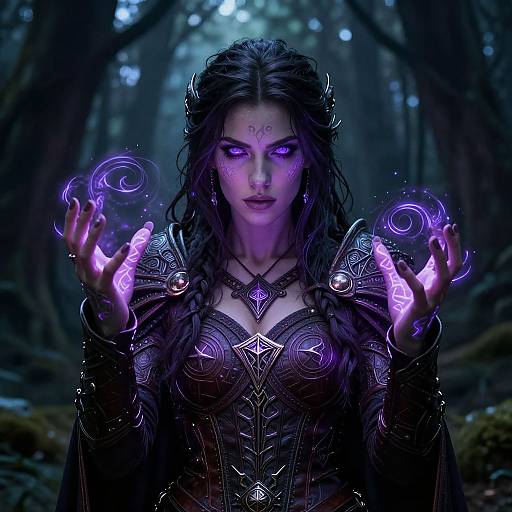Digital fantasy artwork of a mysterious, purple-eyed woman with long, wet black hair, conjuring glowing purple magic in a dark, enchanted forest. She
