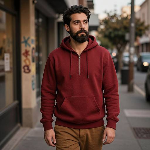 Bearded Man in Red Hoodie on City Street