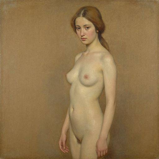 Realistic oil painting of a nude young woman with fair skin, medium brown hair, small breasts, and a slender build, standing against a plain brown