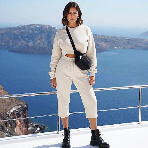 Photograph of a woman with medium skin tone, dark wavy hair, wearing a white crop sweatshirt, white pants, black boots, and a