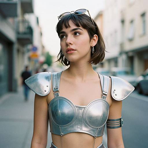 Photograph of a young woman with short dark hair, wearing a metallic silver crop top with shoulder armor and black armband, standing on a city