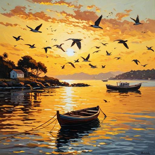 Impressionist Coastal Sunset with Boats and Birds