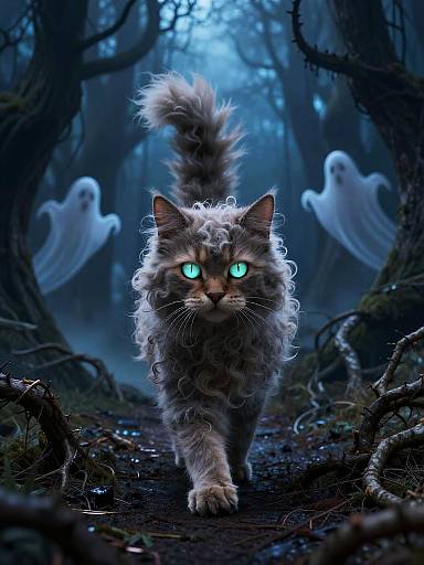 Digital art of a fierce, fluffy, blue-eyed cat with glowing eyes, walking through a dark, eerie forest with ghostly white spirits in the background