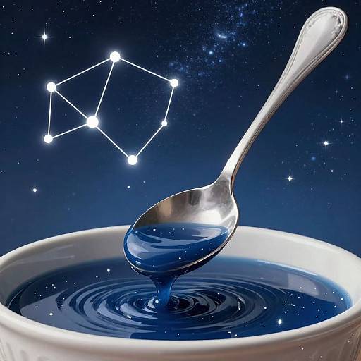 Photograph of a silver spoon piercing a blue liquid drop in a white bowl, with a starry night sky and constellation in the background.