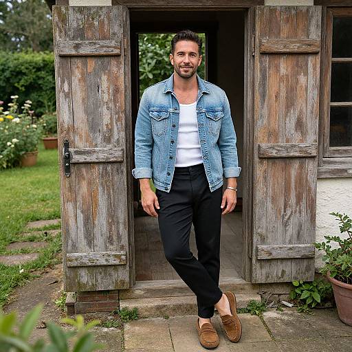 Photograph of a handsome man with short dark hair and beard, wearing a denim jacket, white t-shirt, black pants, and brown loafers,