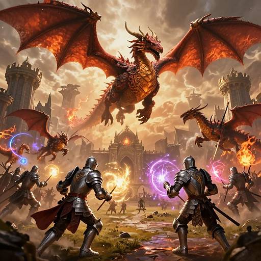 Epic Fantasy Battle with Knights and Dragons