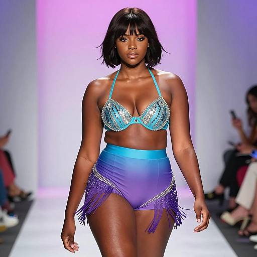 African-American Model on Runway in Beaded Halter Bra and Ombre Shorts