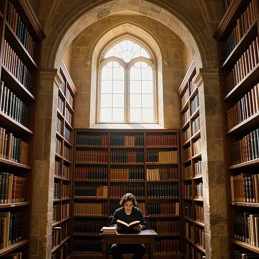 Photograph of a young man with glasses, dark hair, in black clothes, reading a book at a desk in a sunlit, arched stone