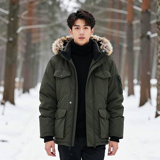 Stylish Young Man in Snowy Forest