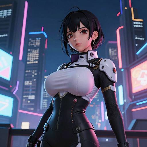 CGI anime-style female character with short black hair, large breasts, wearing a black and white futuristic bodysuit, standing in a neon-lit