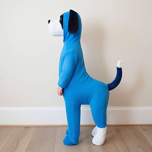 Photograph of a child in a blue, dog-shaped onesie with black ears, white snout, and tail, standing on wooden floor against a