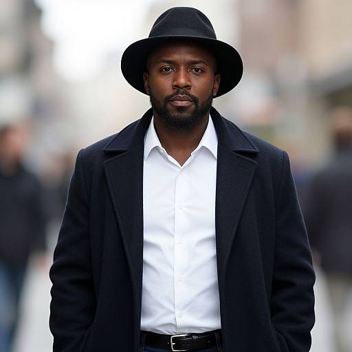 Photograph of a serious African-American man with dark skin, black hat, white shirt, black blazer, and black belt, standing in a blurred