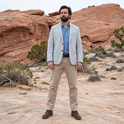 Photograph of a bearded man with dark hair, wearing a light blue blazer, blue shirt, beige pants, and brown shoes, standing confidently