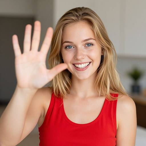 Photograph of a smiling young blonde woman with blue eyes, waving her right hand, wearing a red sleeveless top, in a bright, modern room