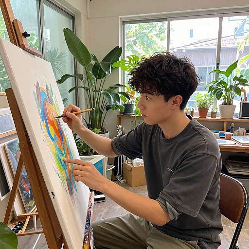 Young Asian man with curly black hair, wearing a dark gray shirt, painting on an easel in a sunlit, plant-filled studio.