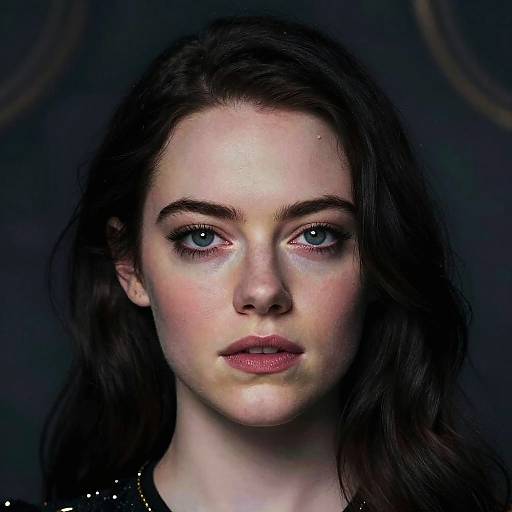 Photograph of a fair-skinned woman with striking blue eyes, dark brown wavy hair, and subtle makeup, set against a dark, blurred background