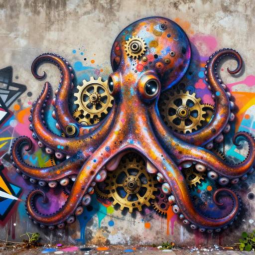 Kaleidoscopic Clockwork Octopus Street Graffiti