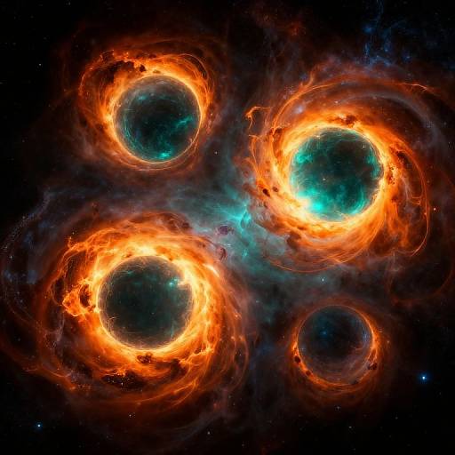 Photograph of four bright, fiery orange and teal celestial spheres in space, surrounded by swirling clouds of cosmic gas and stars.