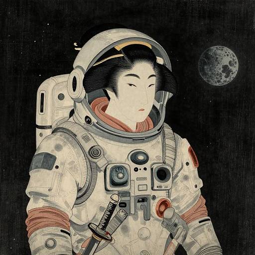 Digital art of a serene, pale-skinned Japanese woman in a white spacesuit with red accents, helmet, and backpack, against a dark space background