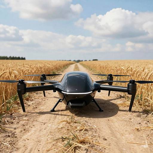 Futuristic Black Drone in Wheat Field