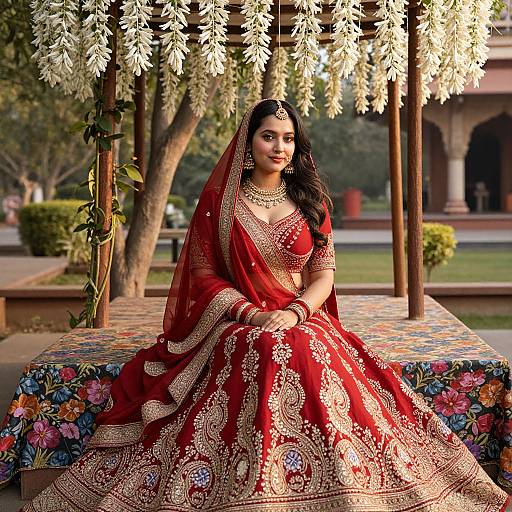 Photograph of an Indian woman in a vibrant red and gold traditional bridal saree with intricate embroidery, sitting outdoors under white flowers.