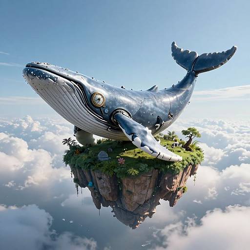 Digital illustration of a futuristic, metallic blue whale with mechanical eyes, hovering above a small, lush island with palm trees, surrounded by fluffy clouds.