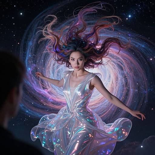 Digital art of a woman with flowing, multicolored hair in a glowing, iridescent dress, floating in a cosmic, starry background with