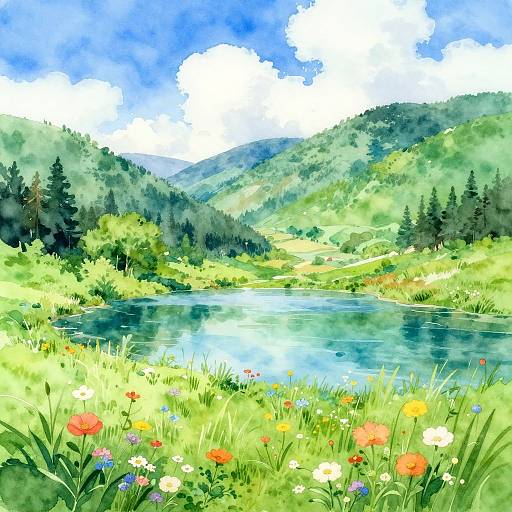 Watercolor Lush Valley and Lake