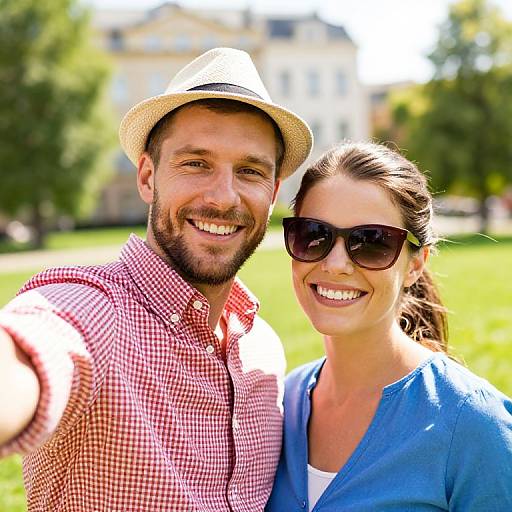 Photograph of smiling couple in sunny park; man with beard, white hat, red checkered shirt, woman with sunglasses, blue top.